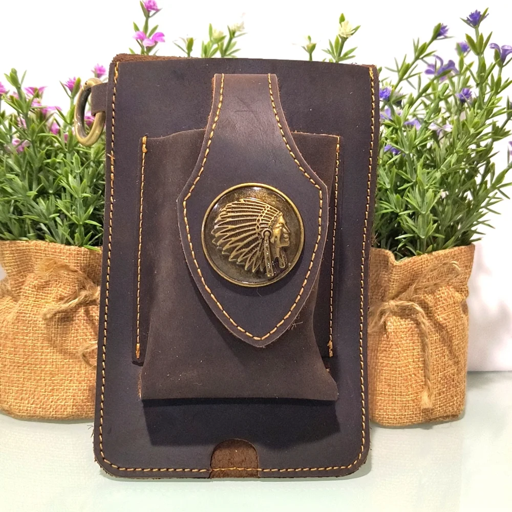 Fashion genuine leather cowhide men's West hanging bag phone pouch for hiking